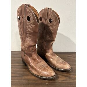 Vtg 80s Acme Cowboy Boots Mens 9.5 Brown Leather Campus Pull On Cut Out PointToe
